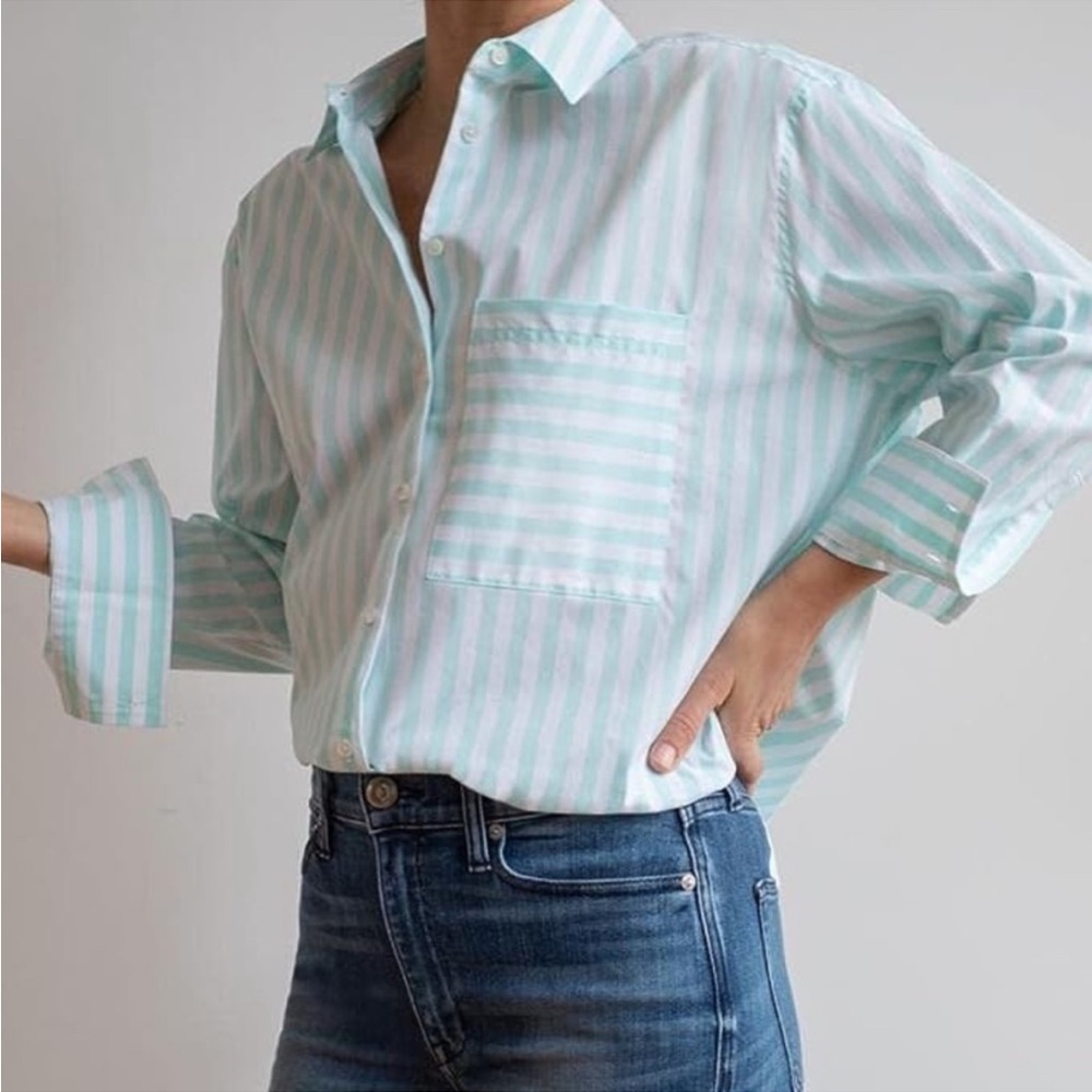 AYR Mint and White Striped Button Down Shirt